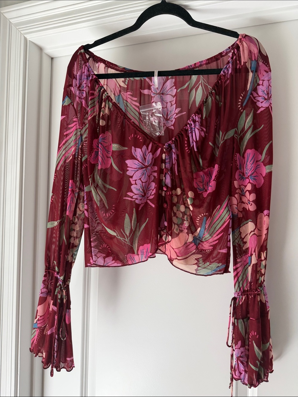 Free People Burgundy Floral Off-Shoulder Blouse with Pink Accents
